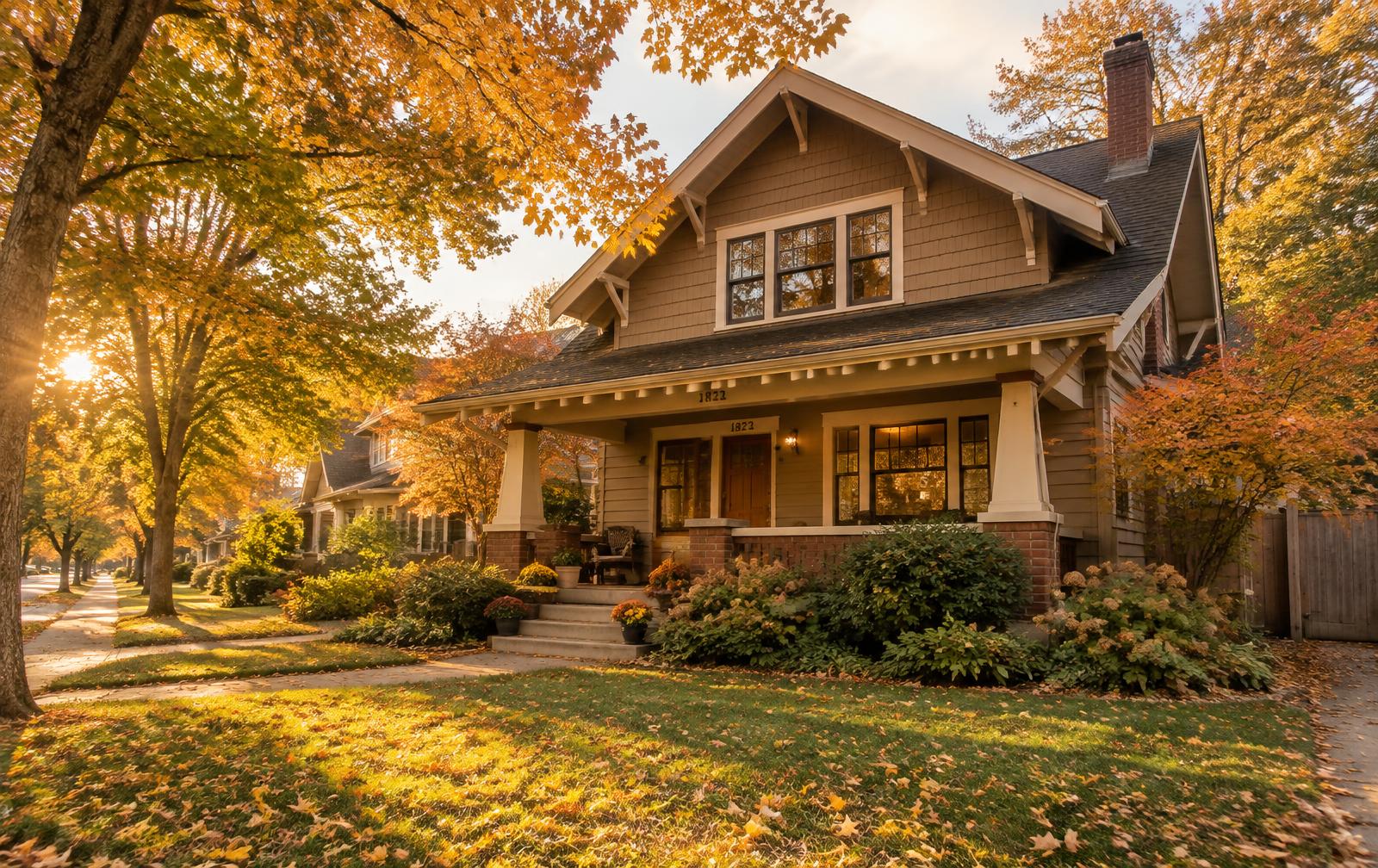 Craftsman home on a tree-lined Kalamazoo street in autumn